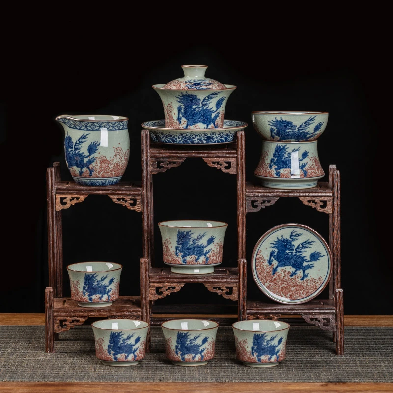 老陶泥冰裂釉红麒麟踏浪盖碗茶杯整套陶瓷泡茶碗家用功夫茶具套装