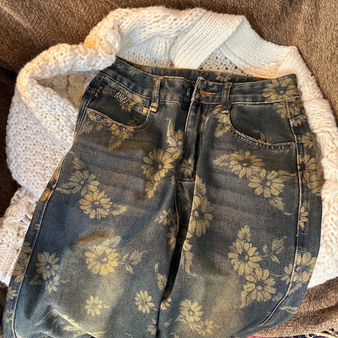 KUKUDEMI 中古感美式复古花卉做旧水洗软牛仔阔腿长裤