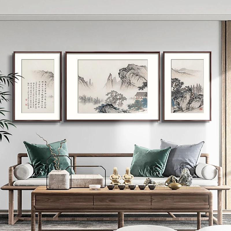 新中式客厅装饰画沙发背景墙三联画茶室书房壁画办公室山水画挂画