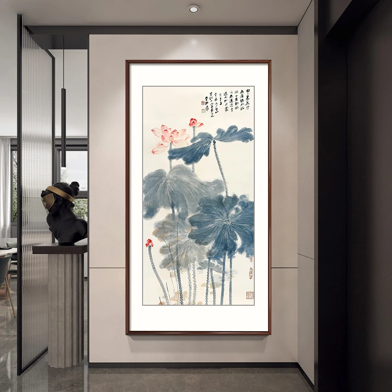 张大千-嘉藕图 竖版玄关山水画办公室国画中式走廊挂画仿古名画