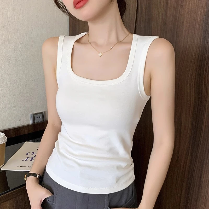 白色方领宽肩带背心女内搭2024新款修身美背无袖外穿百搭打底上衣