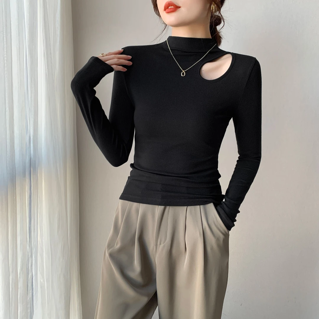 黑色半高领长袖女2024秋冬新款中领镂空设计感打底衫纯欲修身上衣