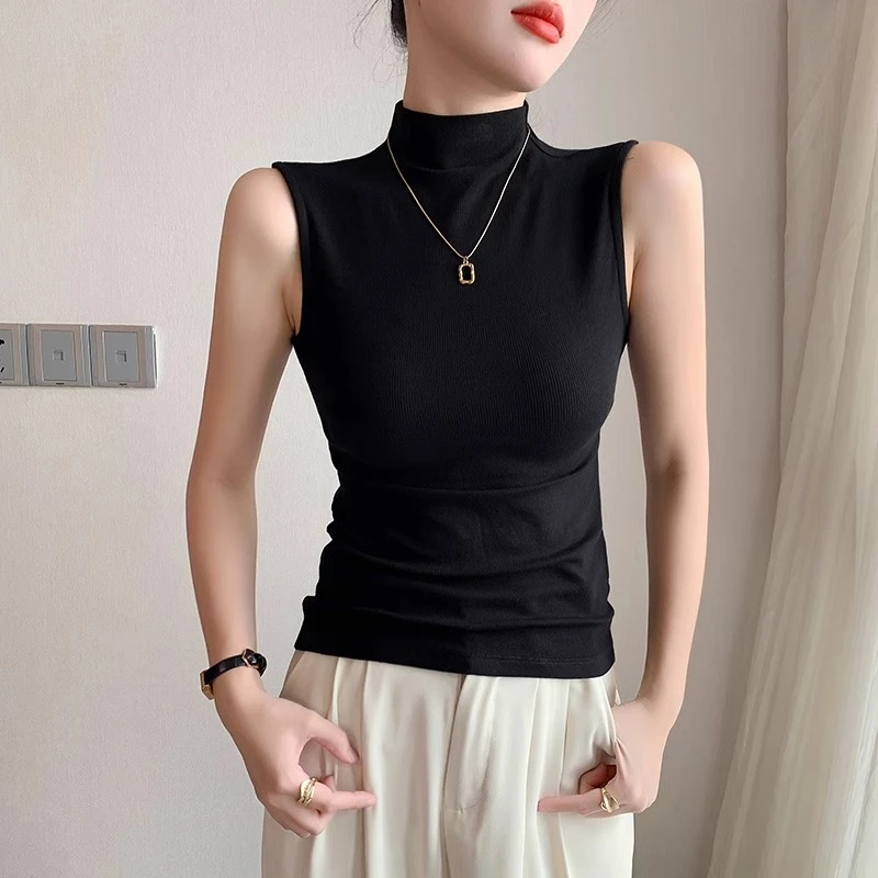黑色半高领背心女内搭春夏2024年新款无袖外穿中领针织打底衫上衣