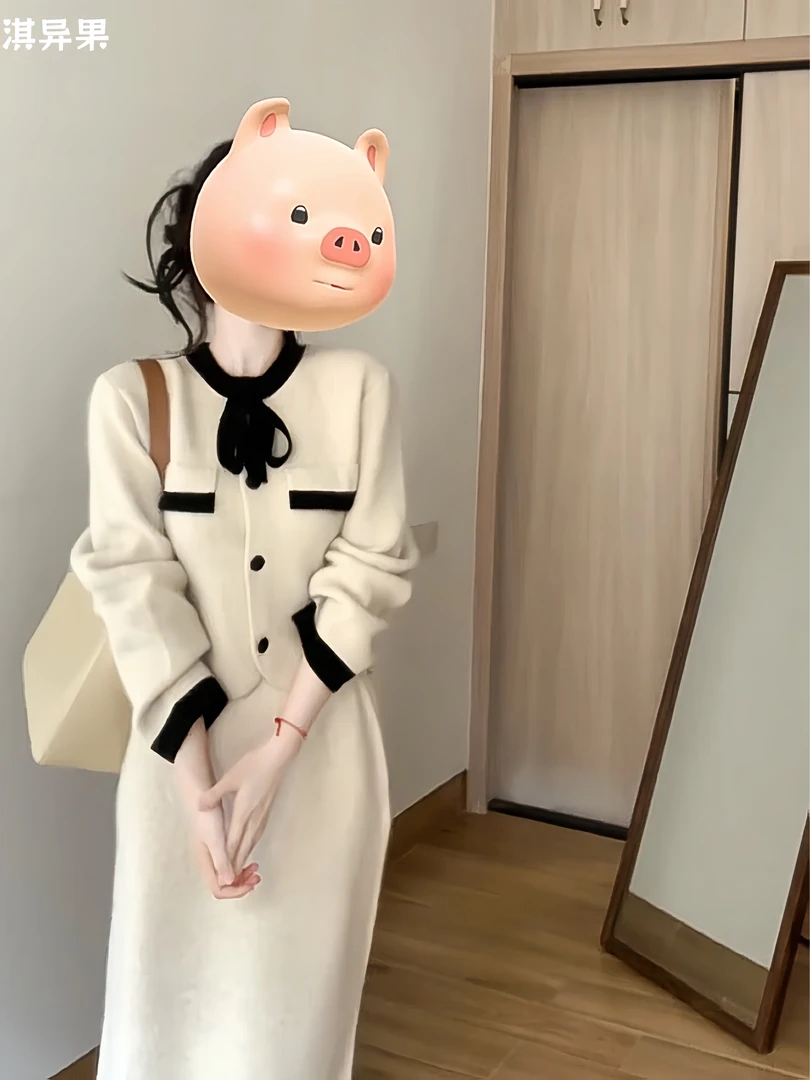 温柔撞色蝴蝶结软糯气质毛衣女2024秋冬高级感时尚裙子小香风套装