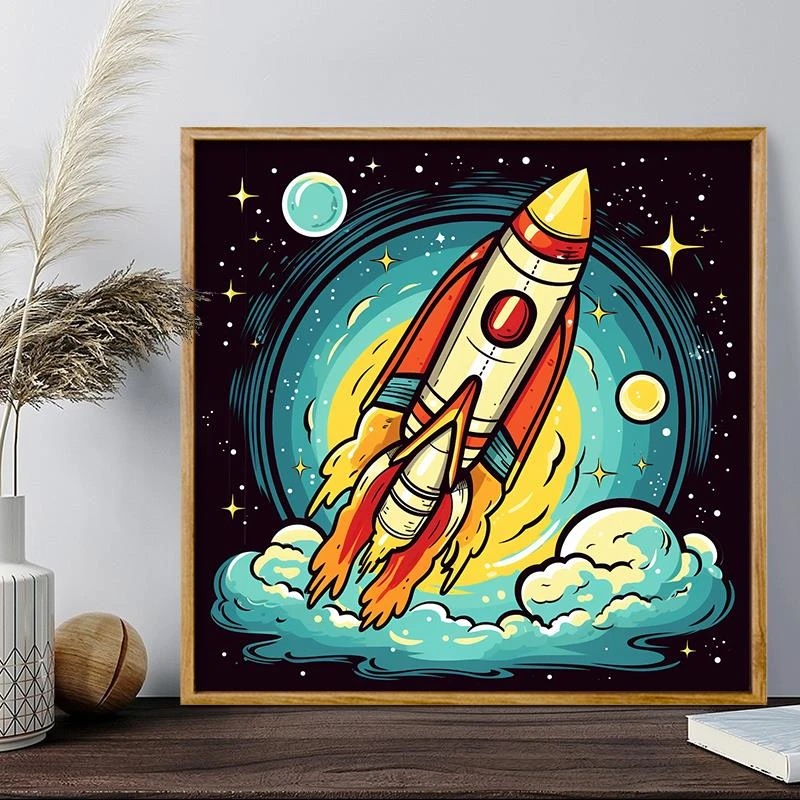 卡通火箭数字油画diy手工礼物填色填充涂色装饰画儿童手绘油彩画