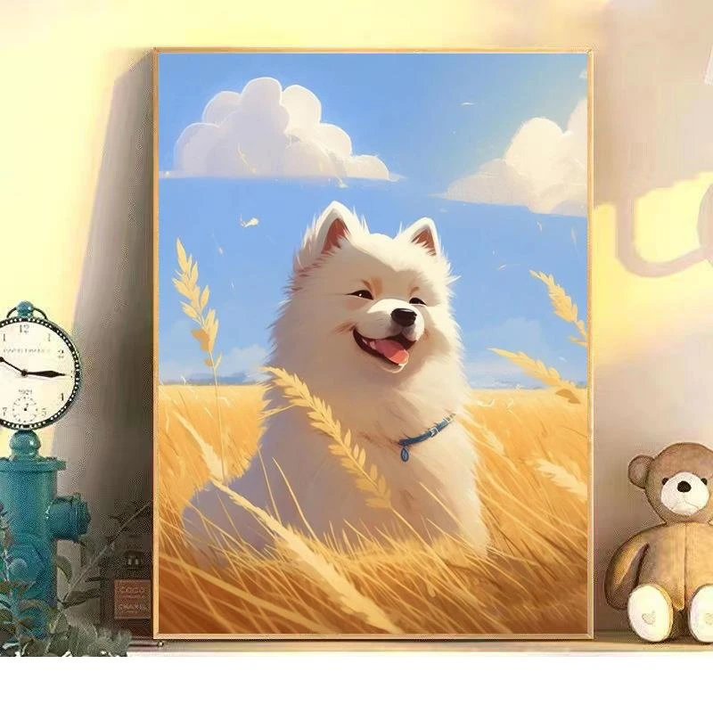 可爱卡通狗狗数字油画diy手工填色油彩画手绘涂色客厅动物装饰画