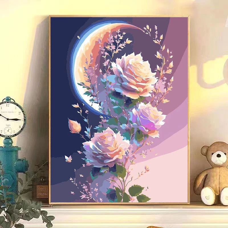 玫瑰花涂色数字油画diy填色画手工礼物手绘油画风景画客厅装饰画