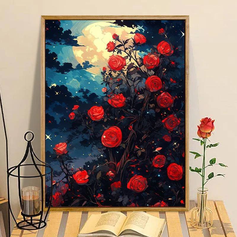 梵高星空玫瑰花涂色数字油画diy填色画手绘油画手工风景画装饰画