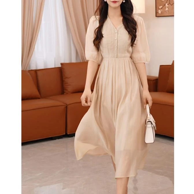 【冰清玉洁】莱赛尔连衣裙女收腰洋气复古a字v领时尚显瘦气质长裙
