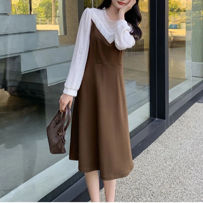 连衣裙春秋显瘦长袖法式收腰假两件秋冬辣妈春秋显瘦长袖法式收腰