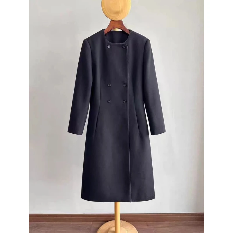 【迦】时尚百搭中长款双排扣风衣裙-JD-W2633