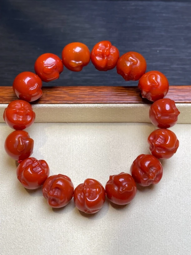 AAA云南 高端 满色满肉 锦红玛瑙亮光14佛头手串