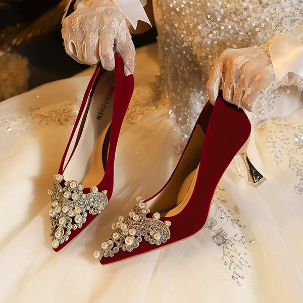【中式风】婚鞋不累脚秀禾敬酒尖头细跟高跟鞋女气质珍珠绒面32-43