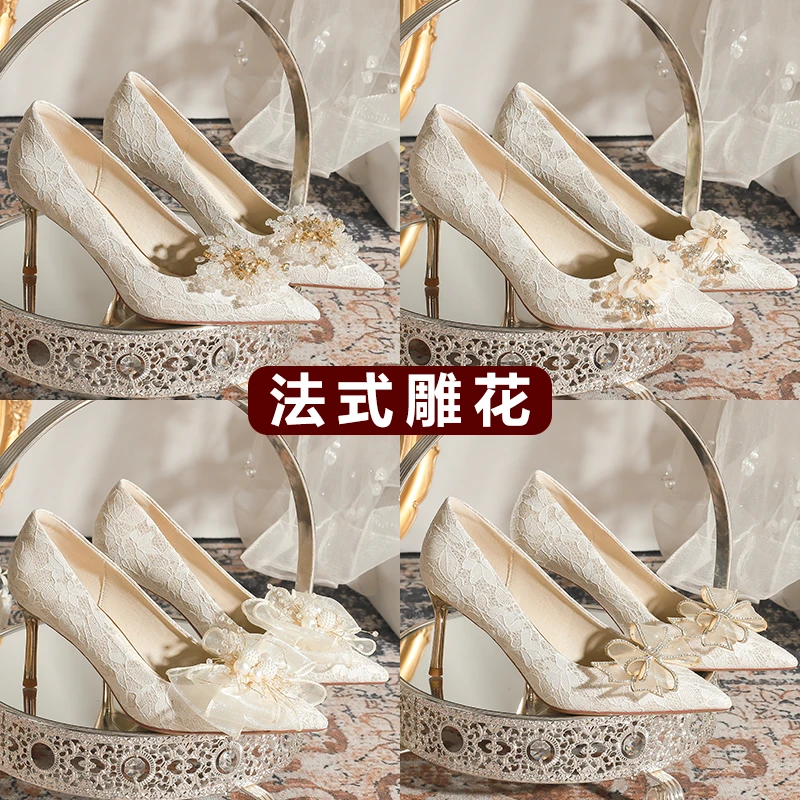 超绝！优雅蝴蝶结法式细高跟鞋女2024水钻气质宴会礼服婚鞋32-43