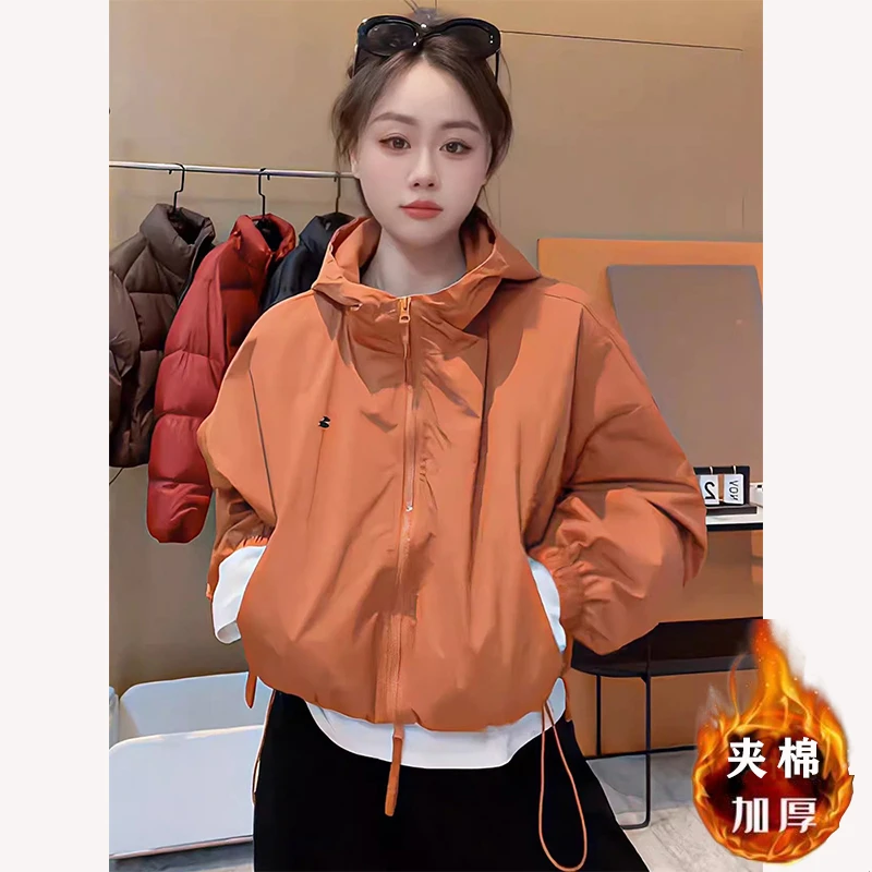 夹棉短外套小个子2024冬季连帽休闲百搭宽松潮下摆抽绳冲锋衣棉服