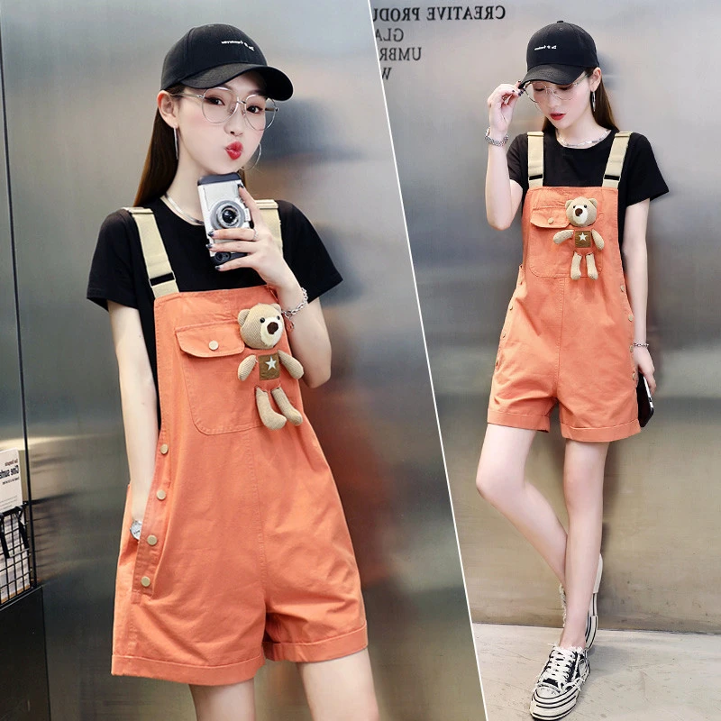 休闲背带裤女套装夏季2024新款韩版宽松薄款连体短裤两件套ins潮