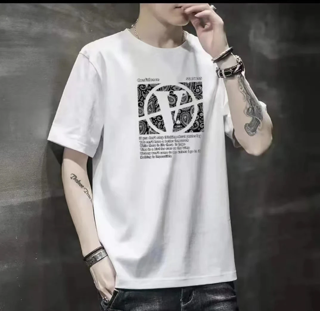 2025年短棉t宽松纯色男士白色圆领百搭印花显瘦半袖ins韩版
