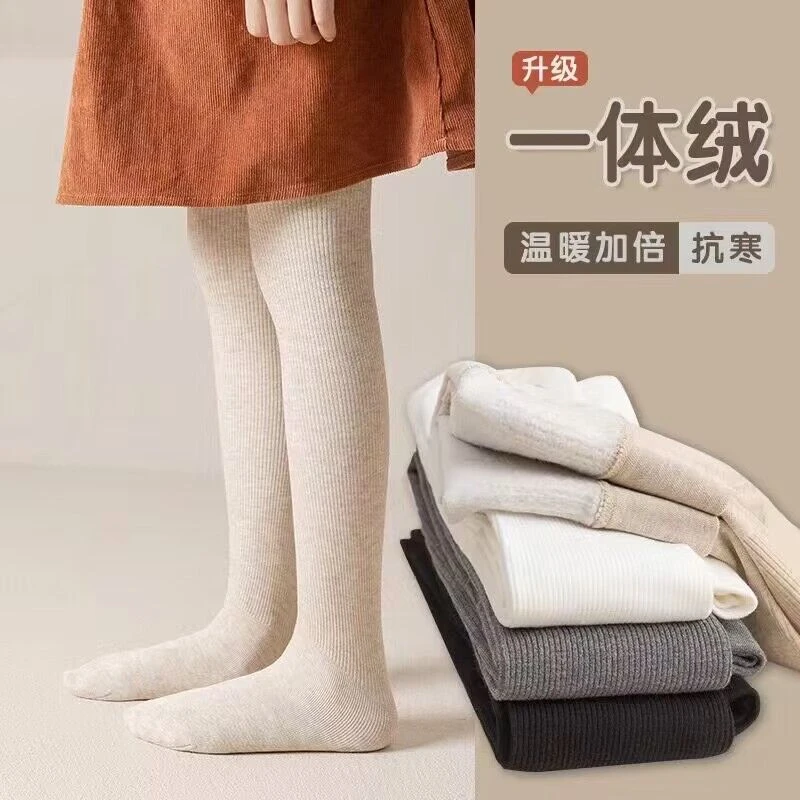 女童打底裤款加薄绒外穿一体黑色加绒连脚春秋中厚袜子女童袜子