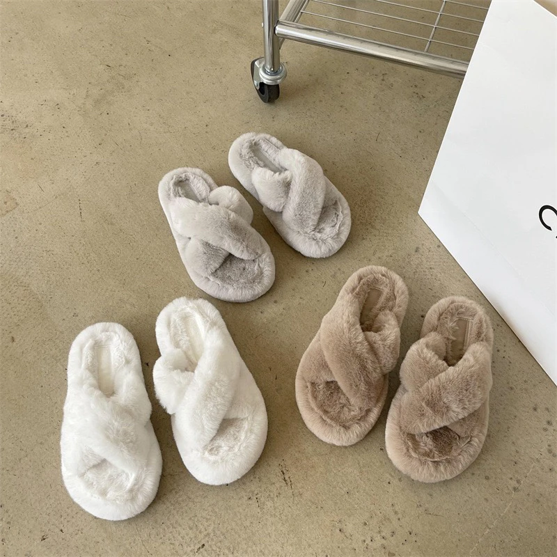 608-1厚底毛毛鞋外穿女鞋秋冬新款简约百搭交叉带增高保暖棉拖鞋