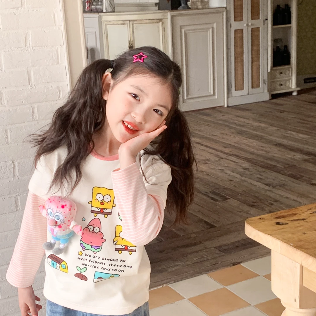 2024儿童德绒假两件T恤男女童宝宝长袖卡通上衣打底衫