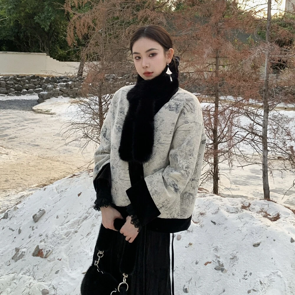 CuteClub2024冬季新款国风复古风水墨画羽绒服宽松保暖外套女款