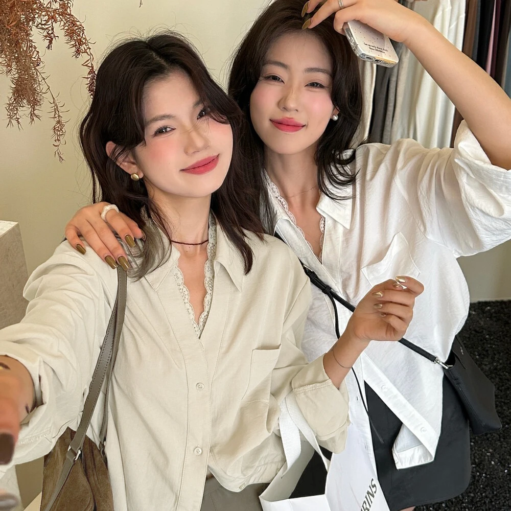 Cute Club 2025秋季新款甜美蕾丝拼接长袖衬衫女宽松休闲百搭外套