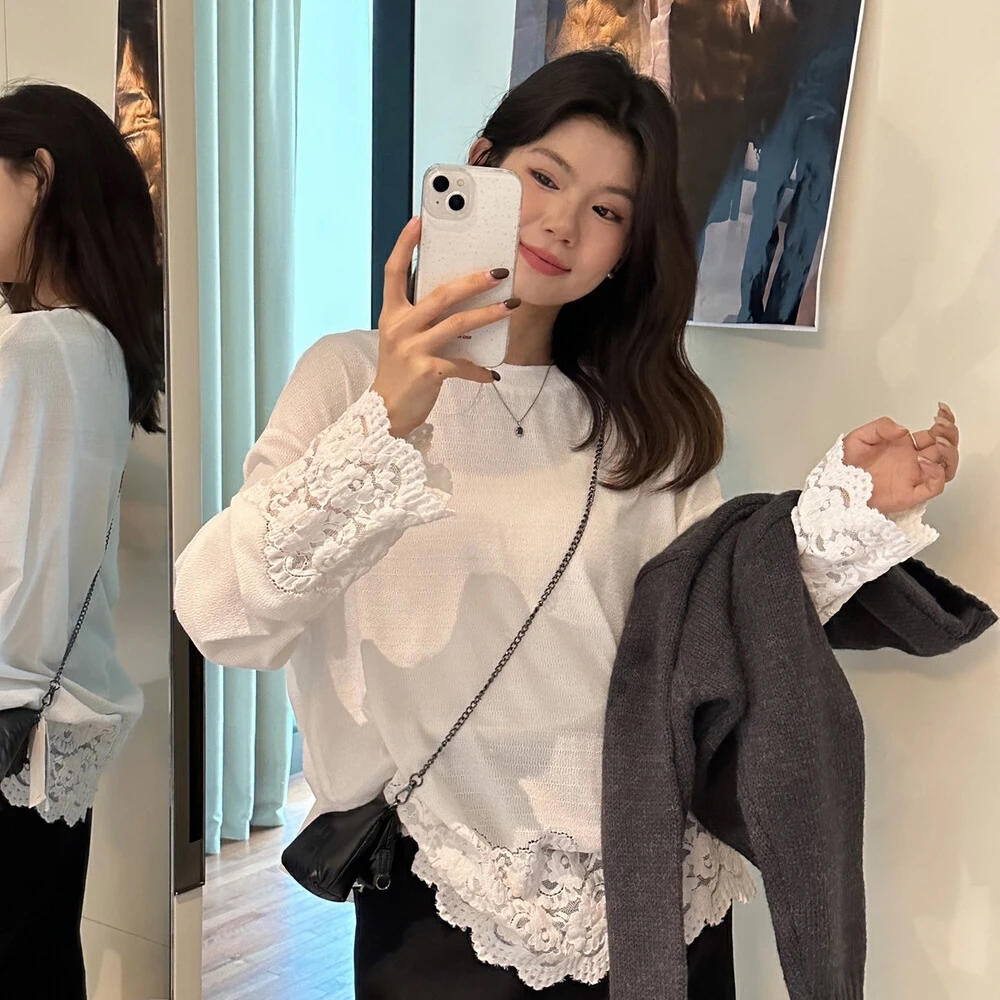 Cute Club 2024秋新款甜美风蕾丝拼接长袖T恤女宽松休闲打底上衣