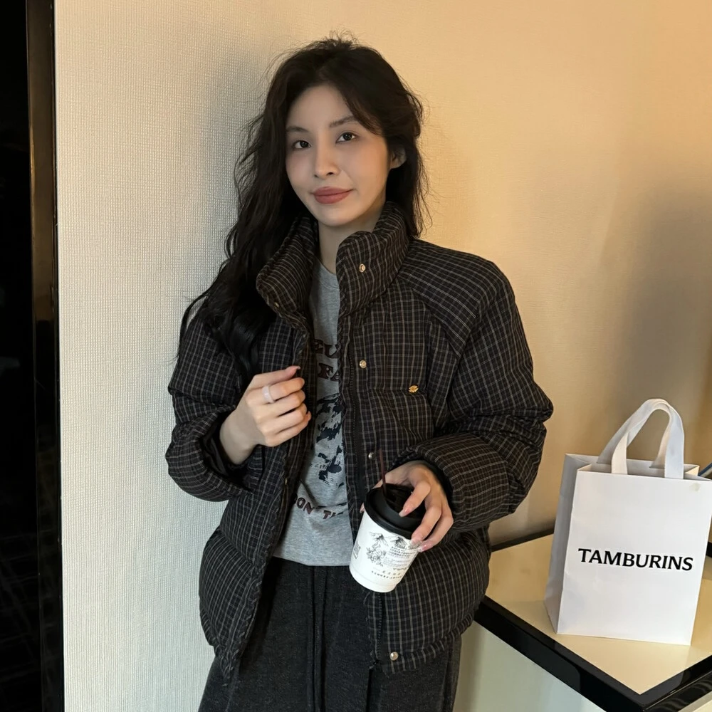 Cute Club 2024冬季新款甜美风格子白鸭绒羽绒服宽松休闲百搭外套