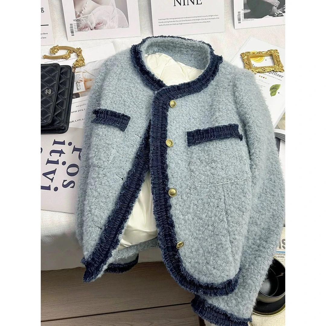 蓝色拼接法式小香风外套短外套2024秋冬新款气质百搭高级感上衣