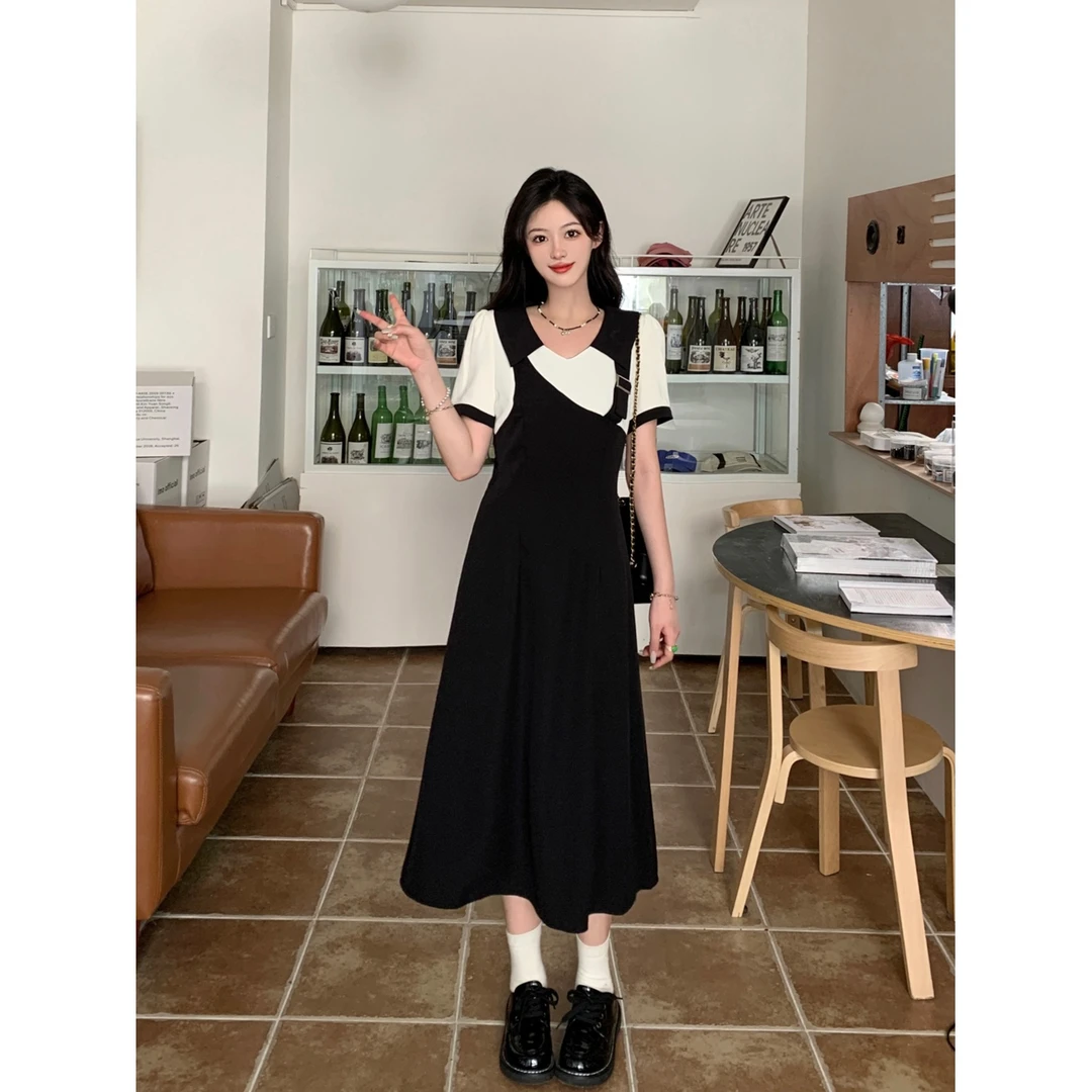 实拍~大码女装学院风假两件翻领A摆设计感大码显瘦遮肉连衣裙胖MM