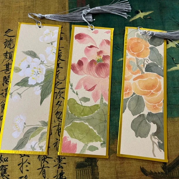 成品金边手绘书签没骨画国画写意礼物学生