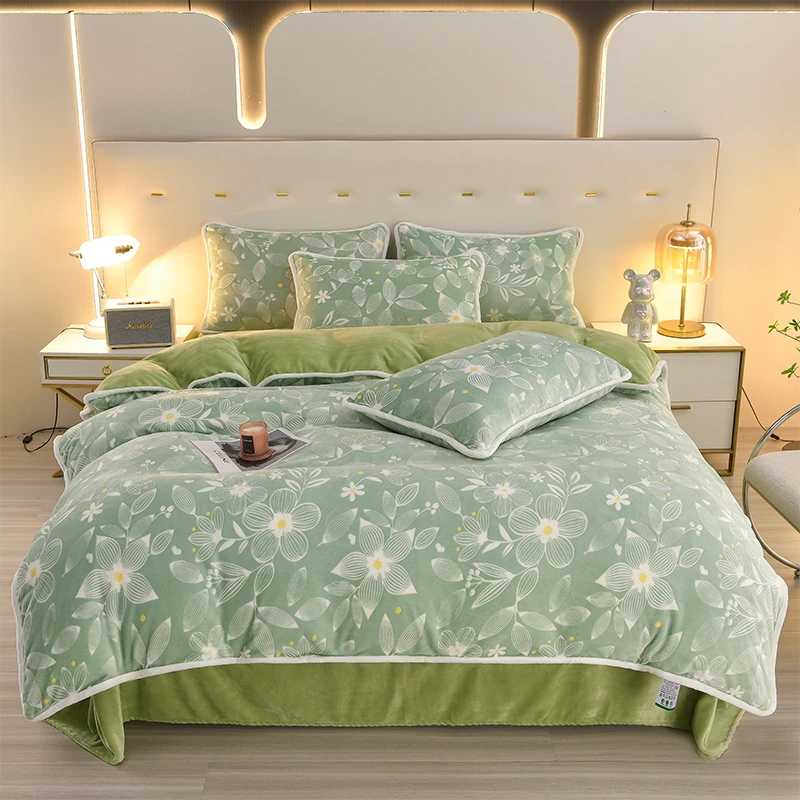 冬季加厚保暖8.5斤牛奶绒被套四件套床裙式床单款双面短毛绒床品