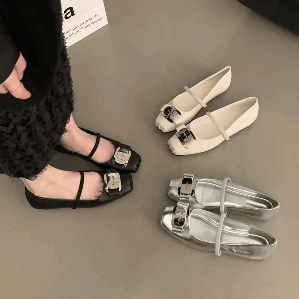 玛丽珍鞋女法式银色粗跟一字扣2024年春季新款时尚一字带芭蕾单鞋