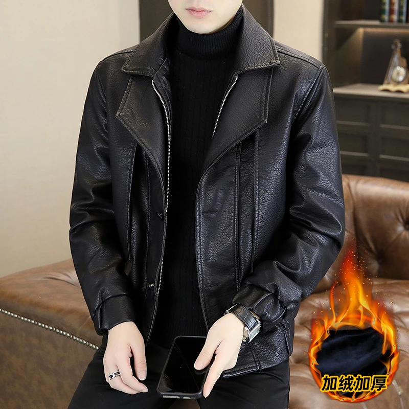 秋冬季新款加绒加厚假两件皮衣男百搭皮夹克外套休闲潮流保暖上衣
