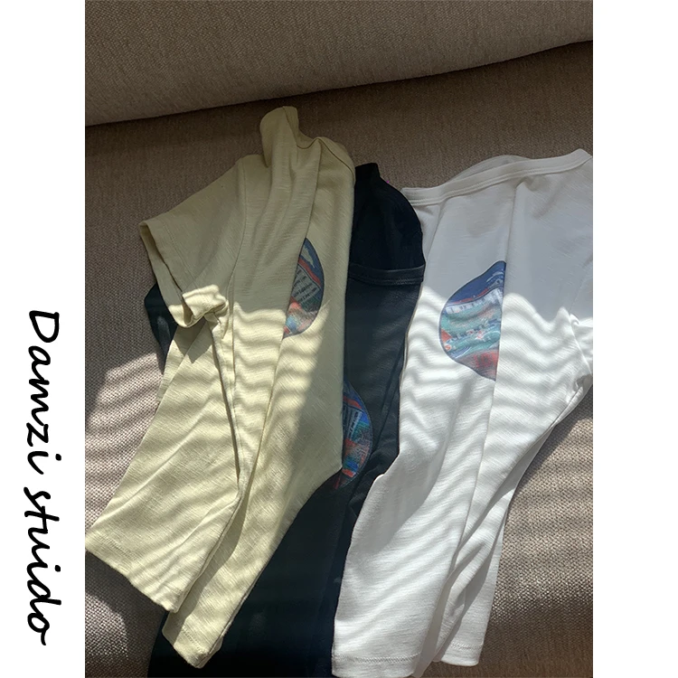 DA麦子 做旧印花 高品正肩无感喷印修身短袖T恤女 MZ6019印花T