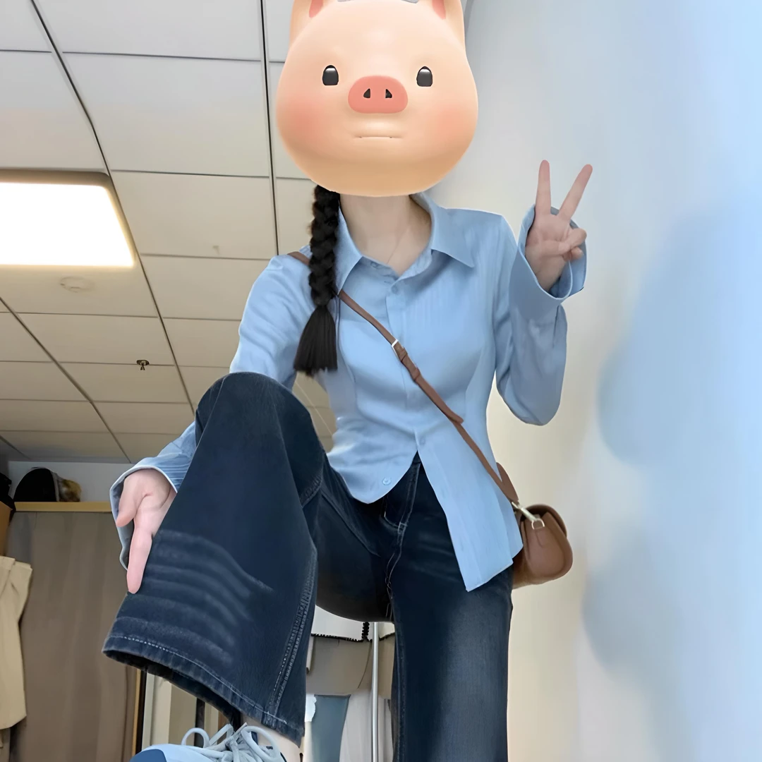 蓝色条纹长袖收腰衬衫上衣女款春季2024新款法式小众气质衬衣F283