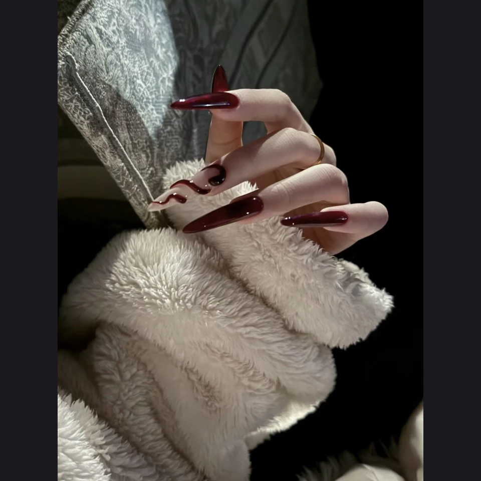捏捏蛇】纯手工穿戴甲杏仁气质裸色酒红色冰透简约美甲穿戴甲片