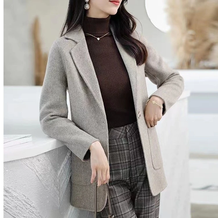 2025年秋冬季新款高端零双面羊毛大衣女西装领羊毛呢子外套中长款