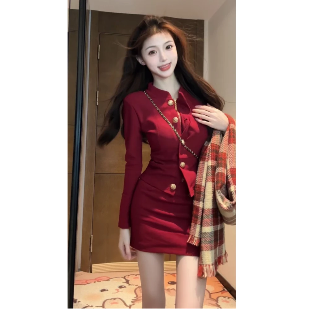 【XIAOBAWANG】新年红色套装裙御姐炸街上衣性感包臀半身裙件套装