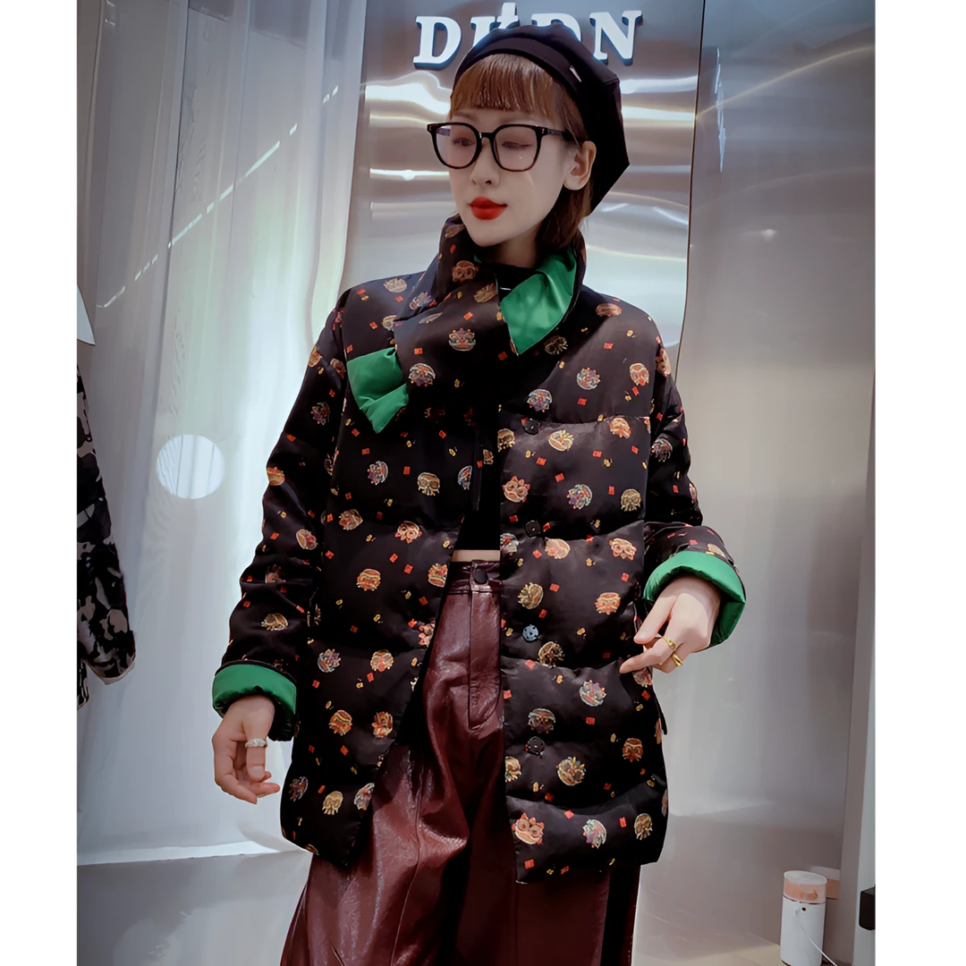 86292香云纱鹅绒服短款时尚宽松轻薄加厚印花冬季复古国风保暖