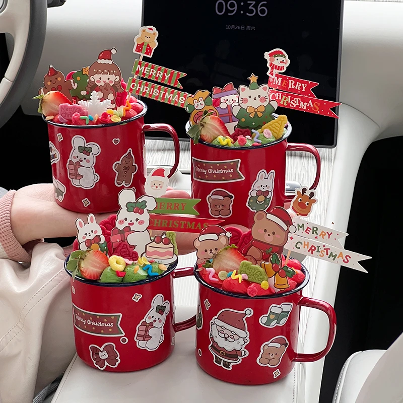 2025圣诞节网红搪瓷杯蛋糕装饰小熊小兔圣诞快乐小旗烘焙贴纸插件