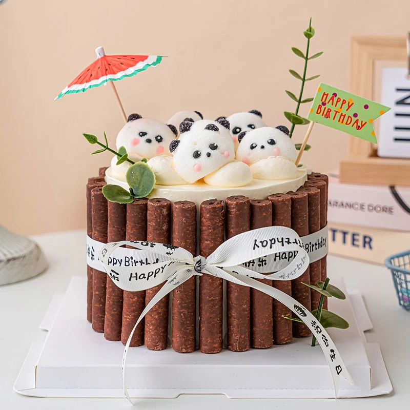 网红熊猫棉花糖蛋糕装饰围边巧克力棒儿童生日慕斯烘焙甜品摆件