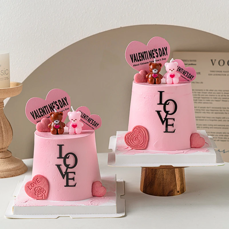 2024七夕情人节蛋糕装饰爱心小熊蜡烛摆件亚克力love情侣告白插件