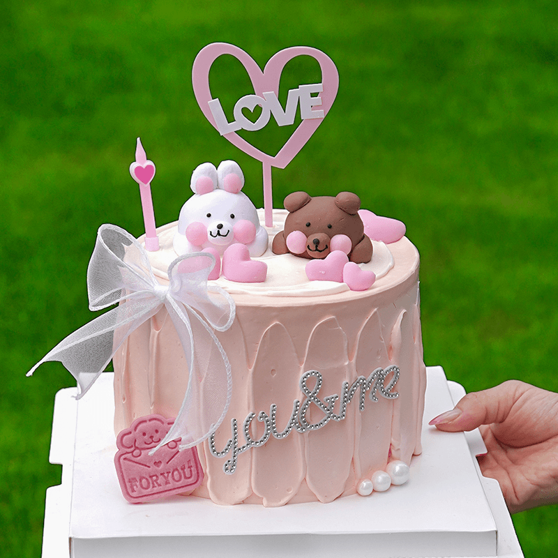 2024七夕情人节蛋糕装饰兔子小熊爱心亚克力插件底钻你我表白装扮