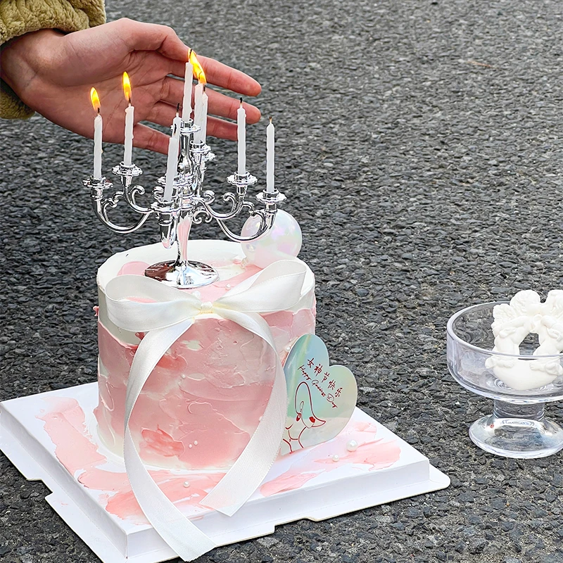 2024女王节蛋糕装饰爱心镭射女神节快乐插卡烛台丝带蝴蝶结装扮