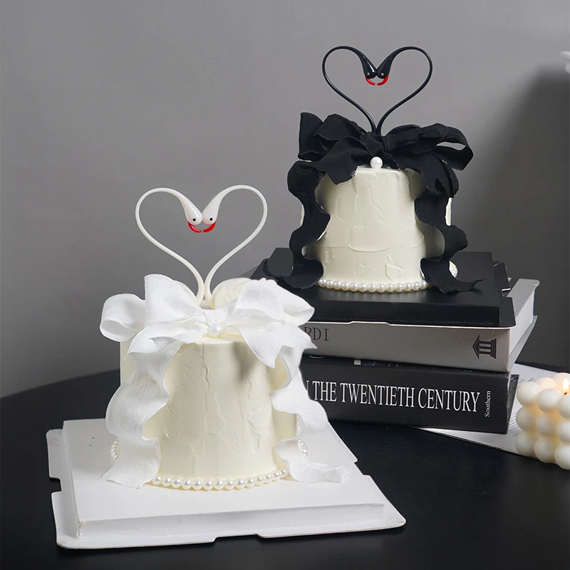 七夕情人节蛋糕装饰黑白天鹅爱情鸟摆件情侣告白女神蝴蝶结丝带
