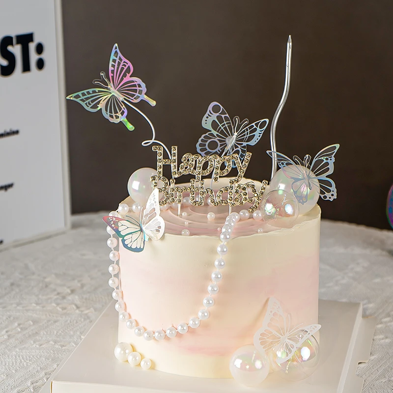 网红女神生日快乐蛋糕装饰钻石HB插件幻彩蝴蝶珍珠链甜品台摆件