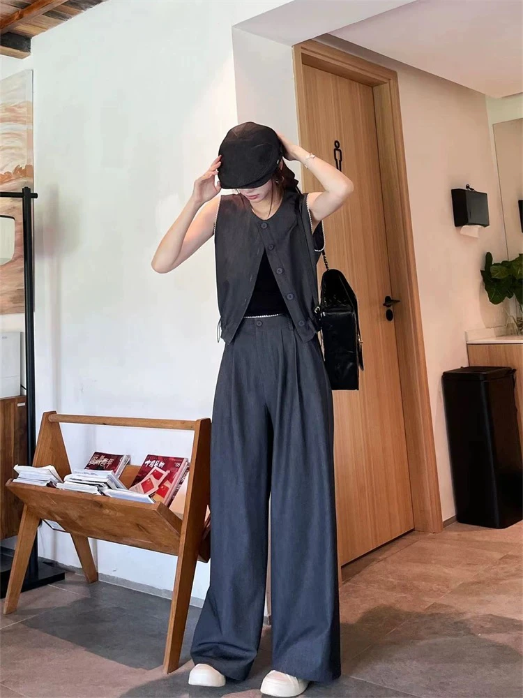 漆兰兰推荐时尚大方气质马甲订珠两件套高腰百搭显瘦垂感套装