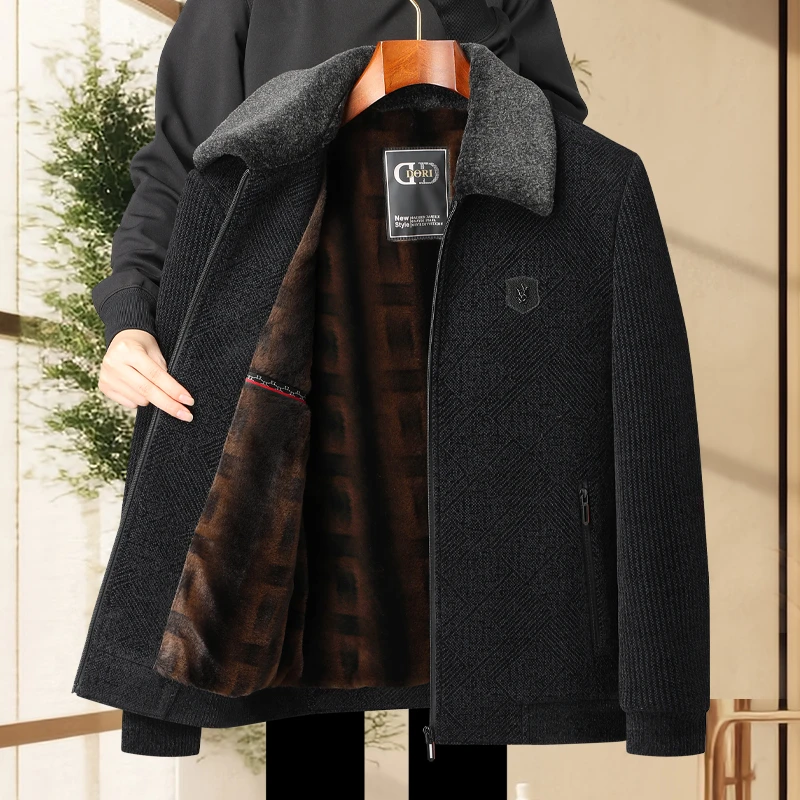 秋冬新款爸爸加绒加厚雪尼尔中老年休闲夹克老年人男装外套上衣