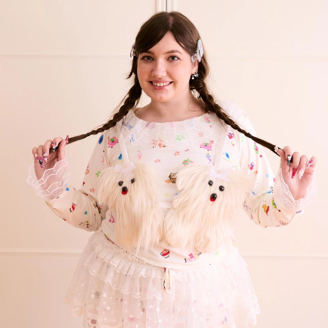 HotNipplesClub原创毛毛小狗蕾丝印花弹力长袖T恤喇叭裤套装大码